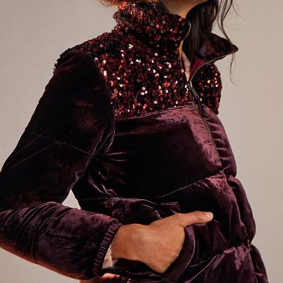 Anthropologie Vera Sequined Velvet Puffer Jacket - Picture 2 of 11
